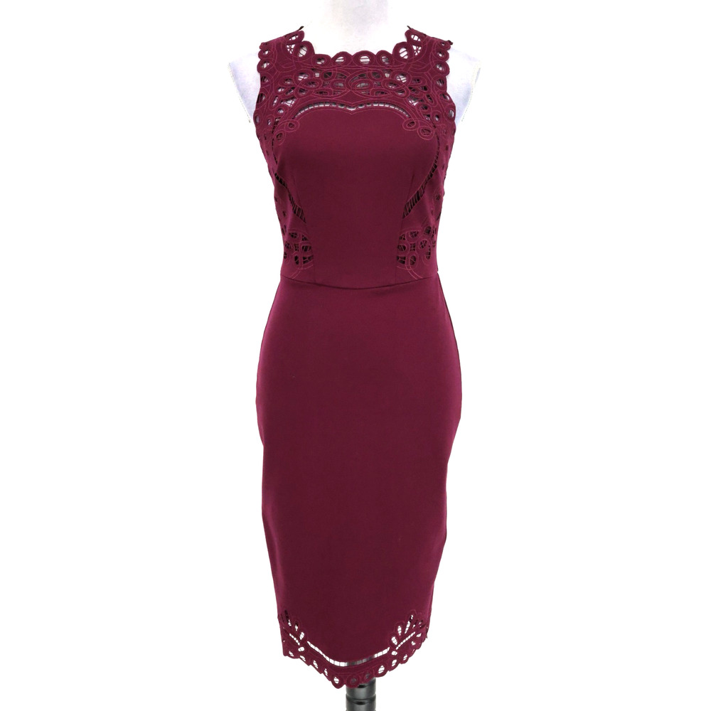 Ted Baker Dress 1 Womens 4 Burgundy Stretch Knit Lace Trim Lined Back Zip Party
